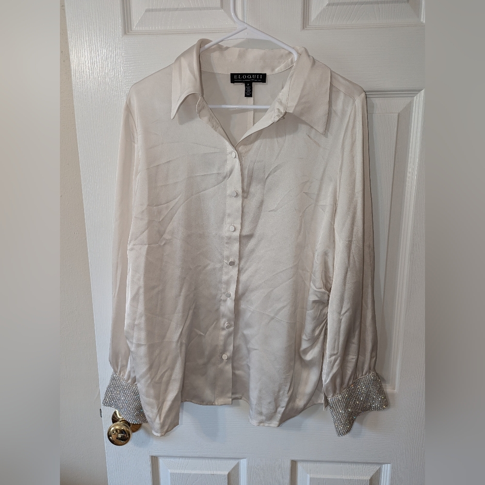 NWT eloquii blouse rhinestone sleeve cream button up